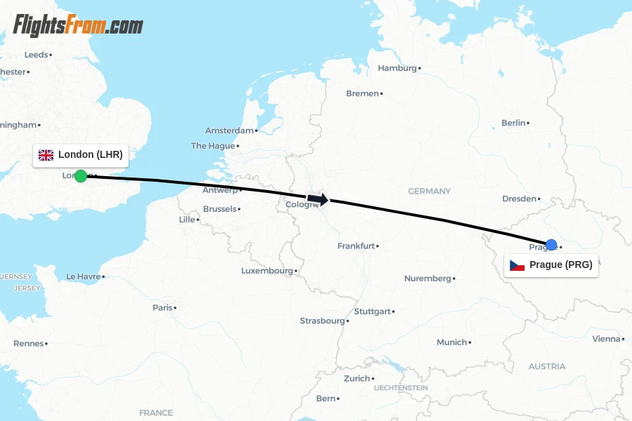 Flights from London to Prague route map