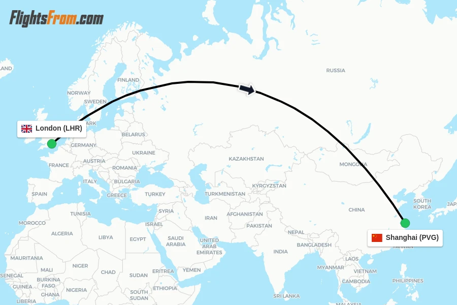 Flights from London to Shanghai route map