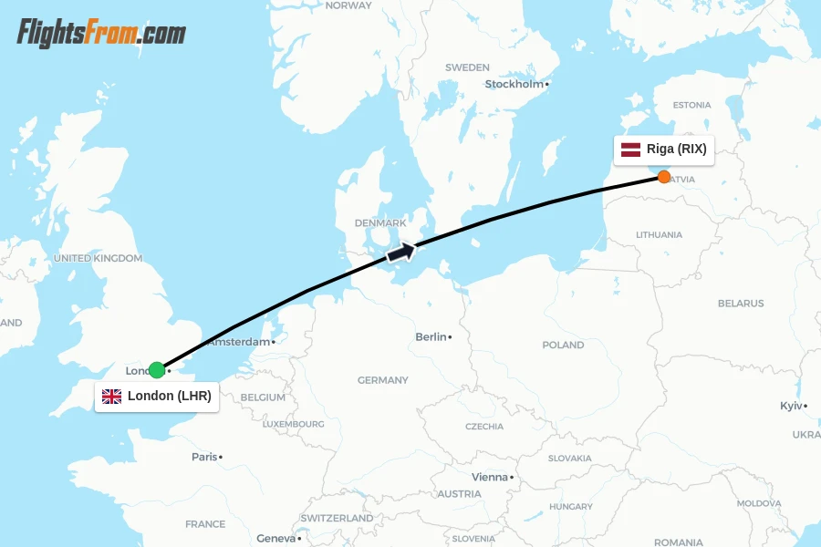 Flights from London to Riga route map