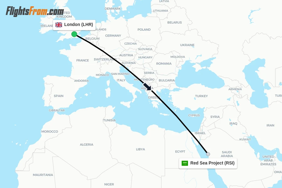 Flights from London to Red Sea Project route map