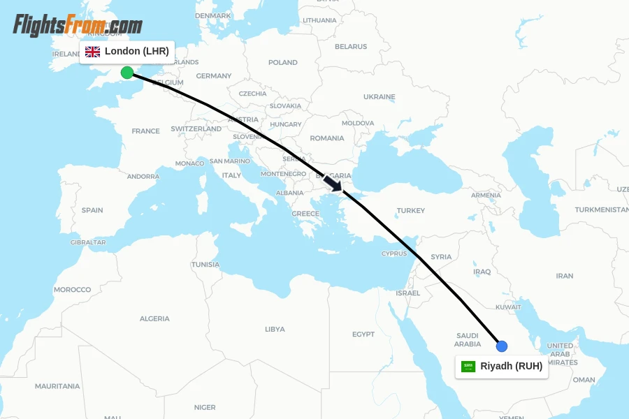 Flights from London to Riyadh route map