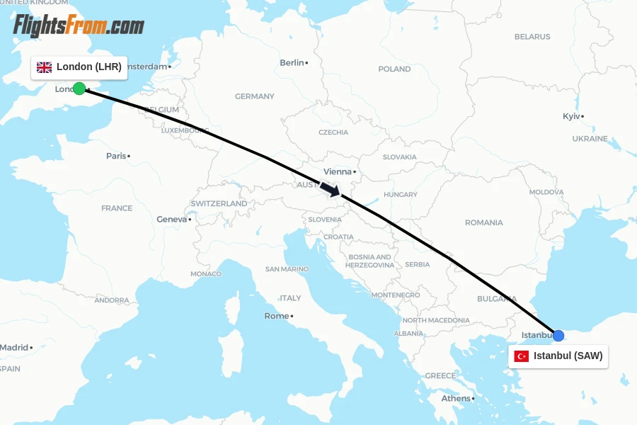 Flights from London to Istanbul route map