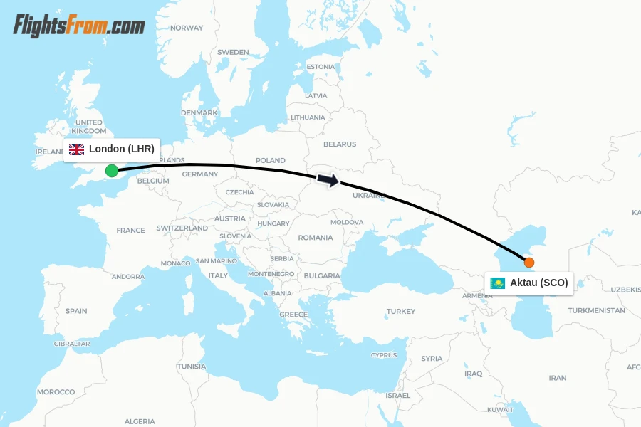 Flights from London to Aktau route map