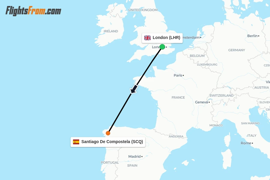 Flights from London to Santiago De Compostela route map