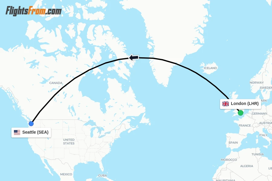 Flights from London to Seattle route map