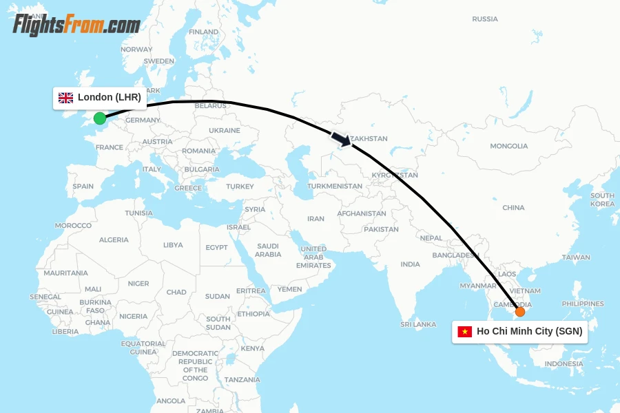 Flights from London to Ho Chi Minh City route map