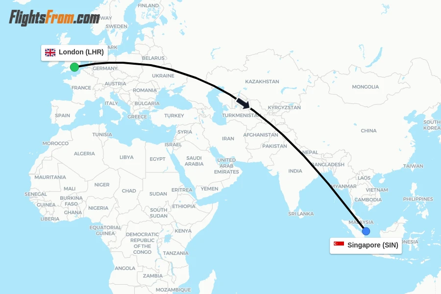Flights from London to Singapore route map