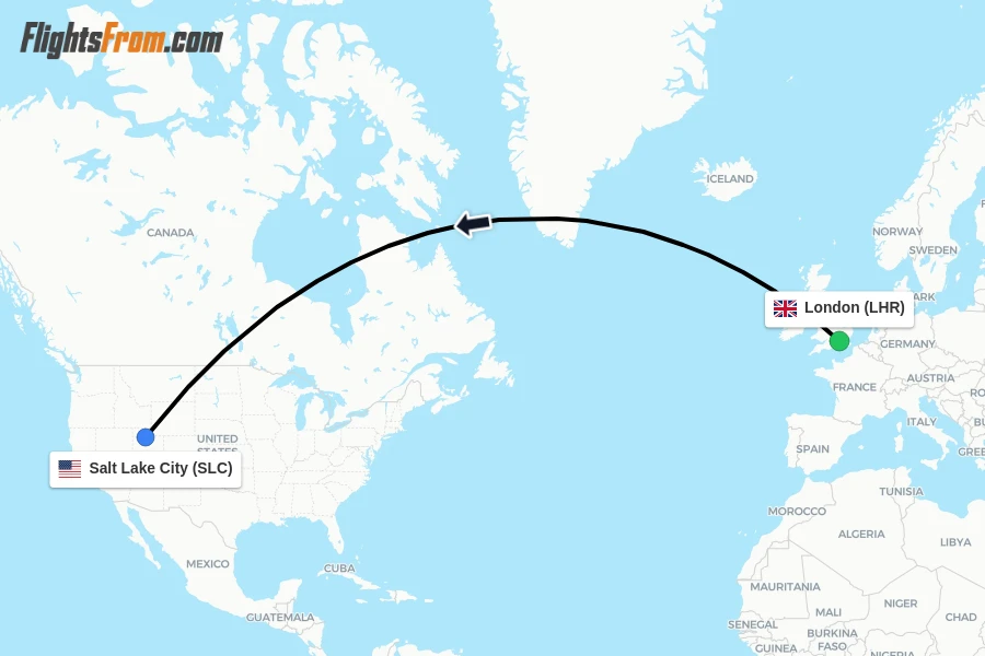 Flights from London to Salt Lake City route map