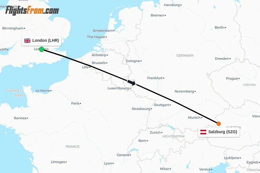 Flights from London to Salzburg route map