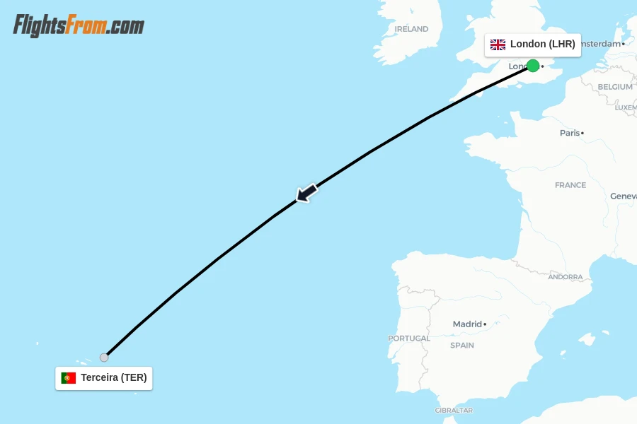 Flights from London to Terceira route map
