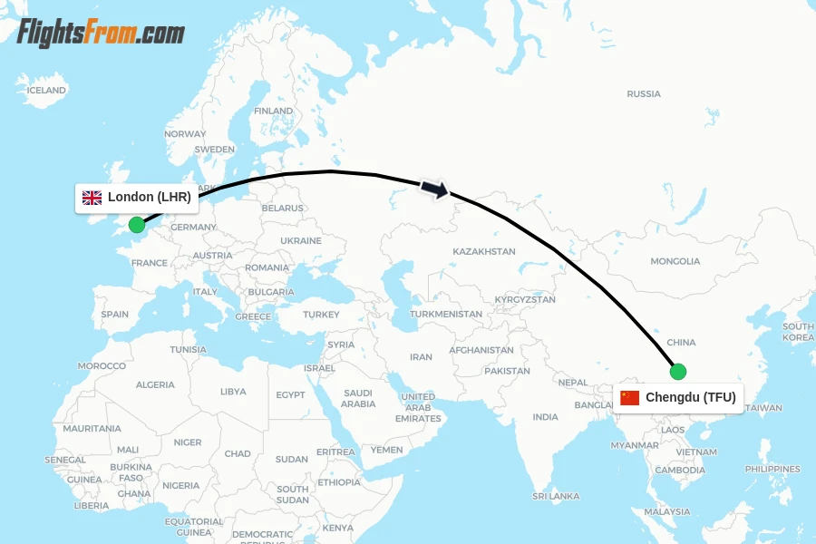Flights from London to Chengdu route map