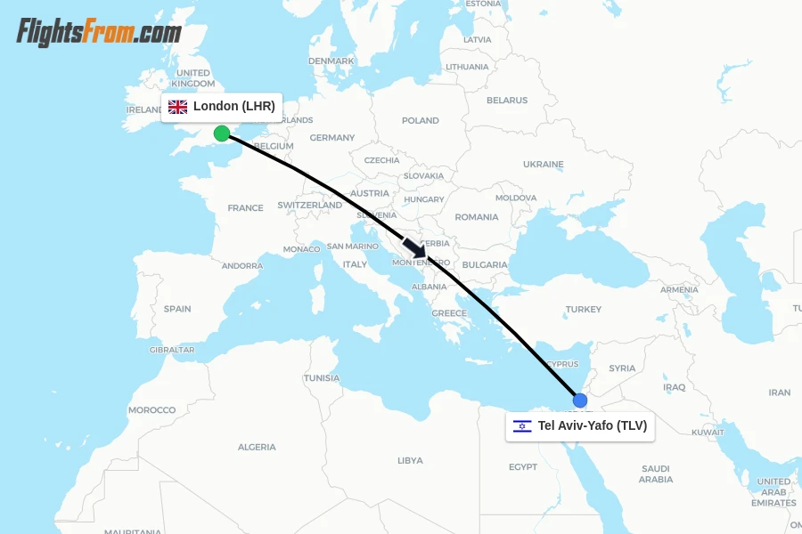 Flights from London to Tel Aviv-Yafo route map