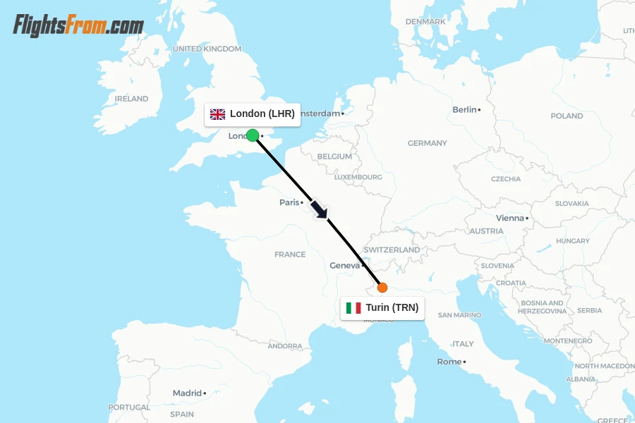 Flights from London to Turin route map