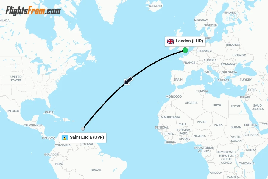 Flights from London to Saint Lucia route map