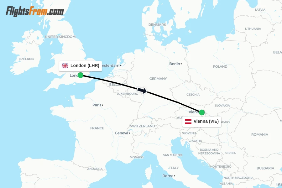 Flights from London to Vienna route map