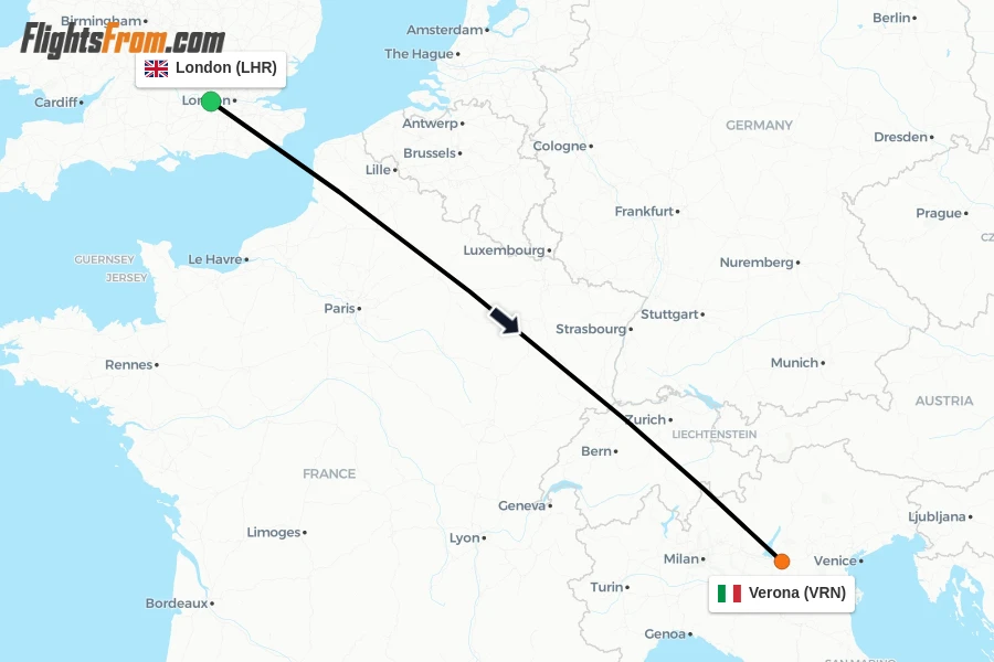 Flights from London to Verona route map