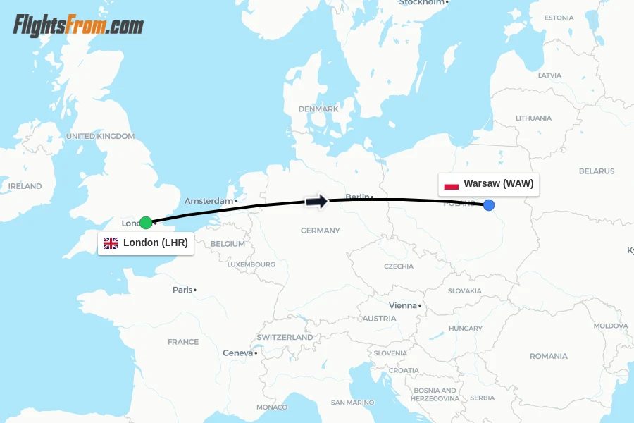 Flights from London to Warsaw route map