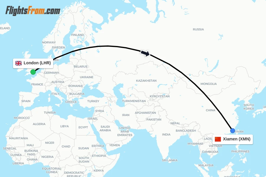Flights from London to Xiamen route map