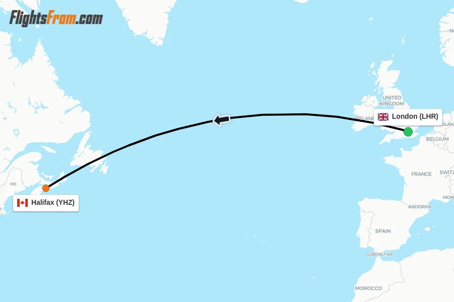 Flights from London to Halifax route map
