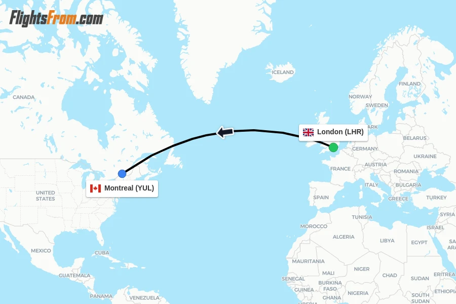 Flights from London to Montreal route map