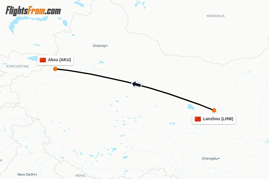 Flights from Lanzhou to Aksu route map
