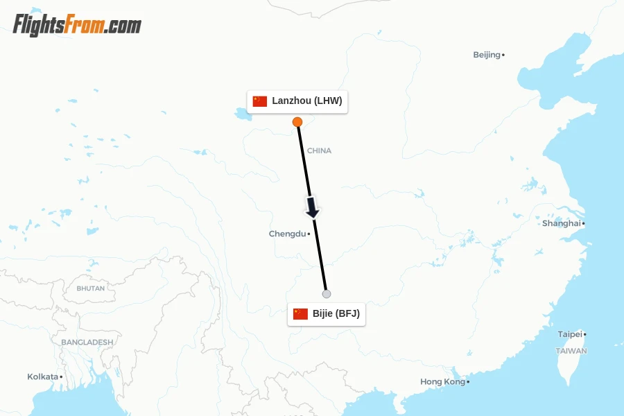 Flights from Lanzhou to Bijie route map
