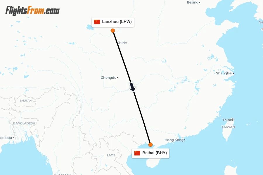 Flights from Lanzhou to Beihai route map