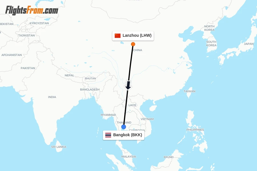 Flights from Lanzhou to Bangkok route map