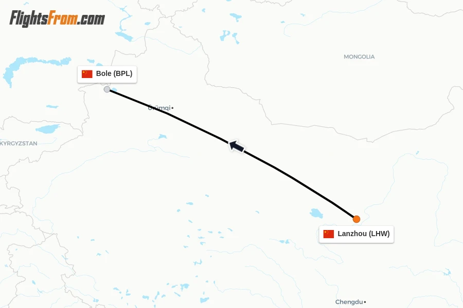 Flights from Lanzhou to Bole route map
