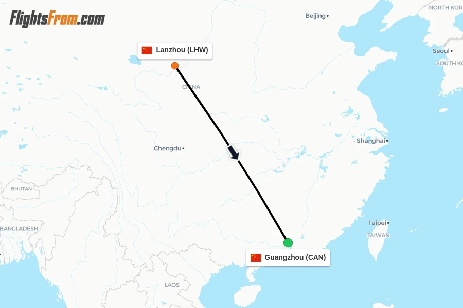 Flights from Lanzhou to Guangzhou route map