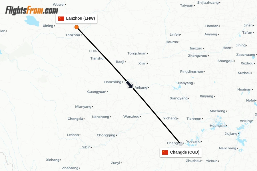 Flights from Lanzhou to Changde route map