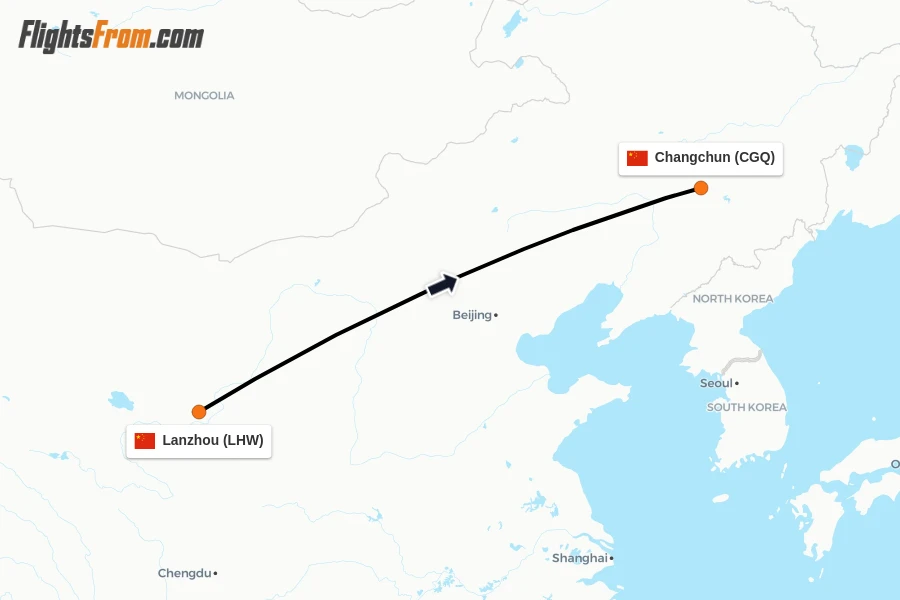 Flights from Lanzhou to Changchun route map