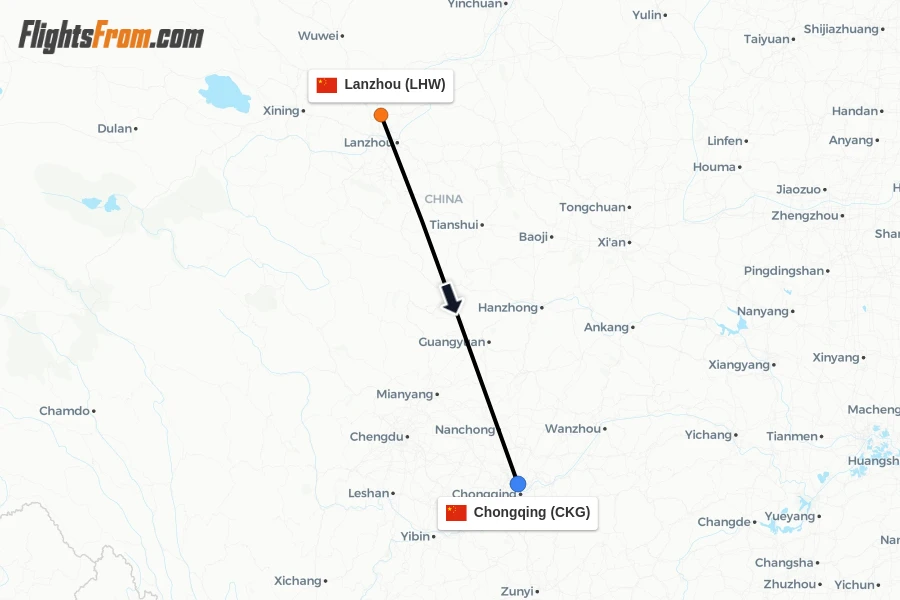 Flights from Lanzhou to Chongqing route map