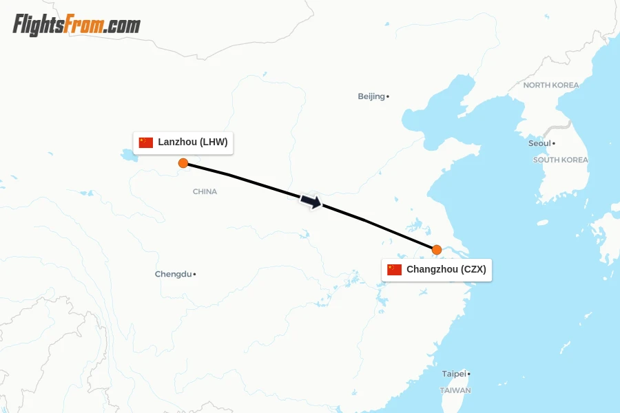 Flights from Lanzhou to Changzhou route map