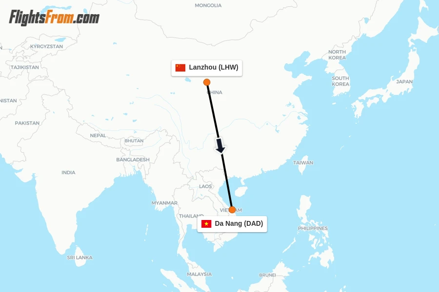 Flights from Lanzhou to Da Nang route map
