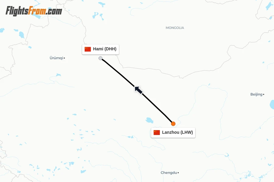Flights from Lanzhou to Hami route map