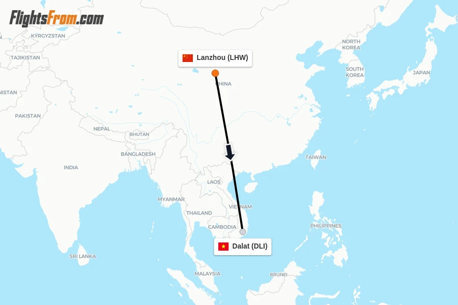 Flights from Lanzhou to Dalat route map