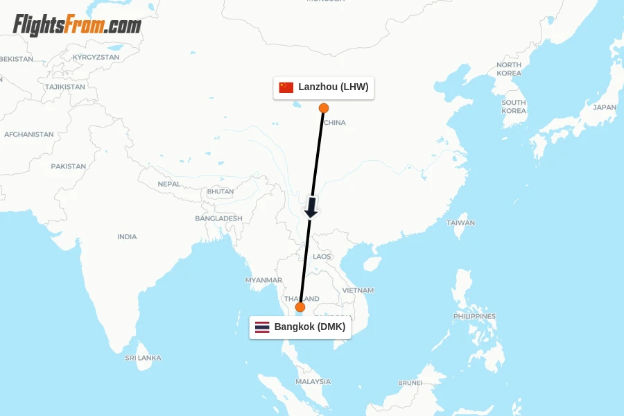 Flights from Lanzhou to Bangkok route map