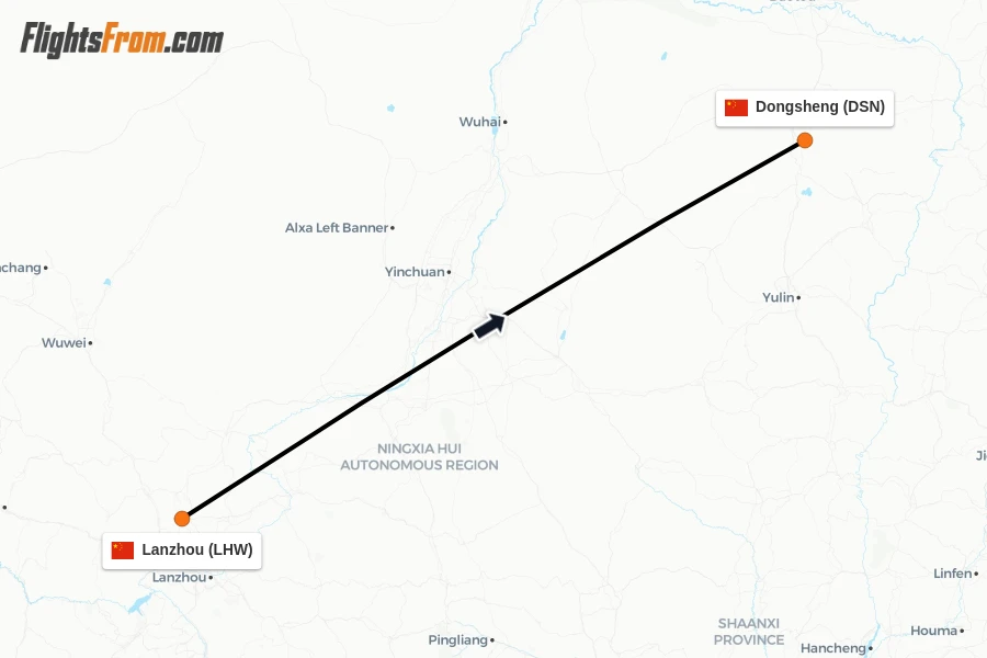 Flights from Lanzhou to Dongsheng route map