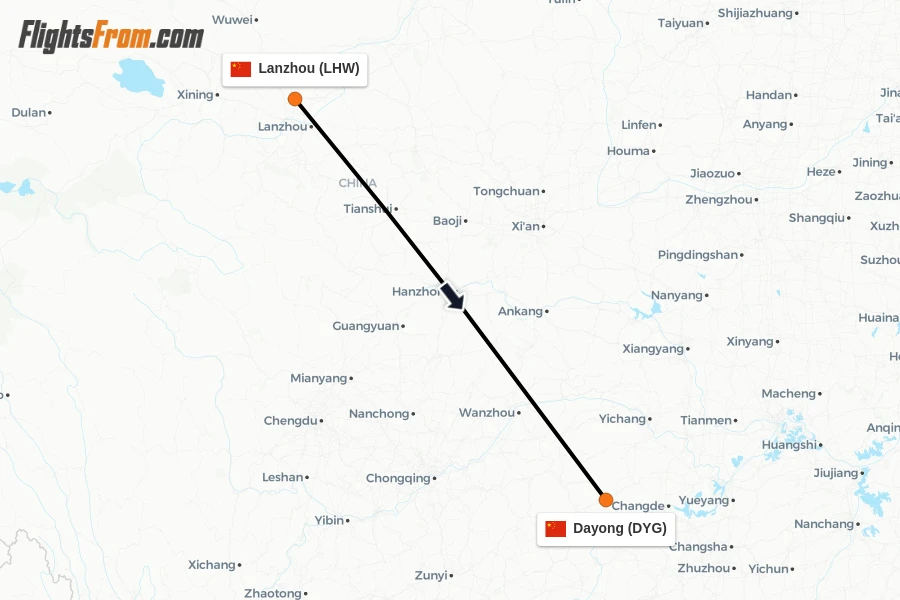 Flights from Lanzhou to Dayong route map