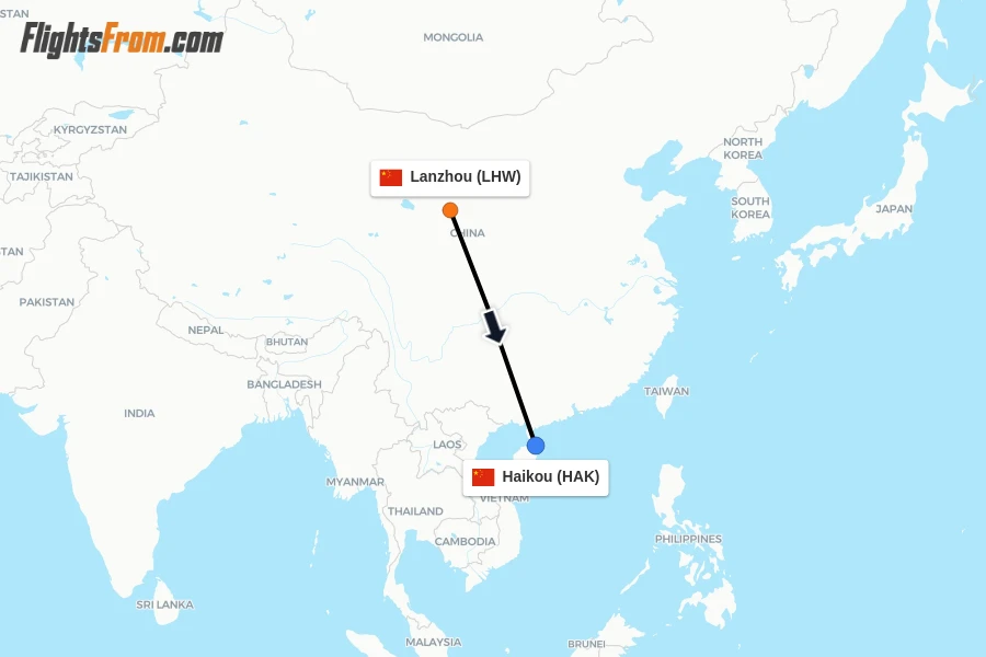 Flights from Lanzhou to Haikou route map