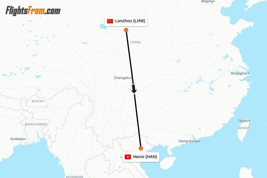Flights from Lanzhou to Hanoi route map
