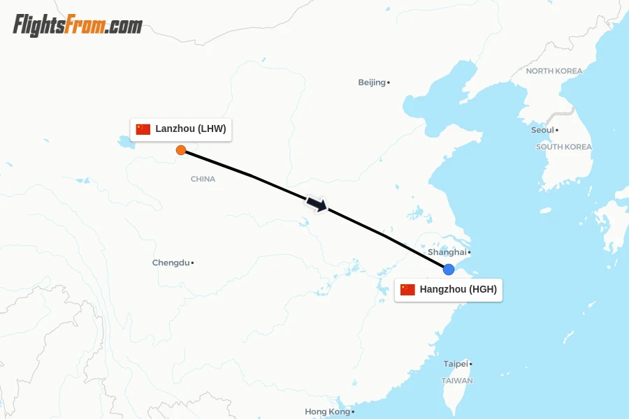 Flights from Lanzhou to Hangzhou route map