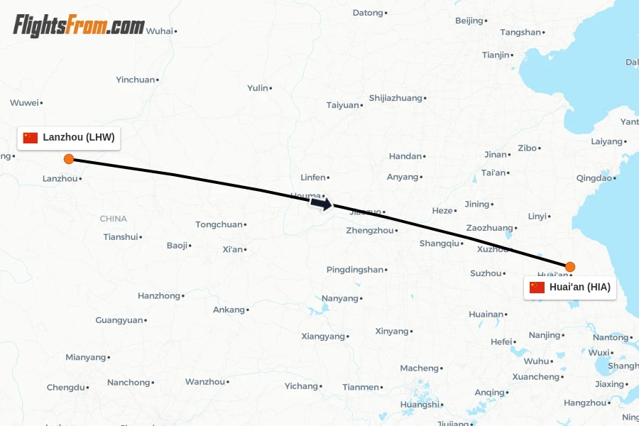 Flights from Lanzhou to Huai'an route map