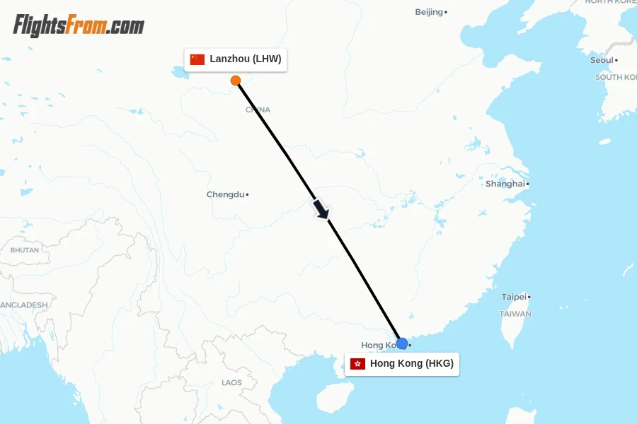 Flights from Lanzhou to Hong Kong route map
