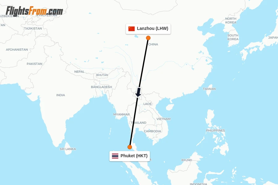 Flights from Lanzhou to Phuket route map