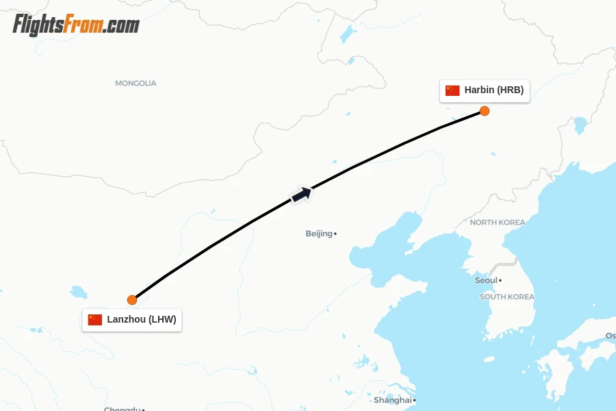 Flights from Lanzhou to Harbin route map