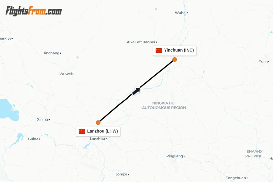 Flights from Lanzhou to Yinchuan route map