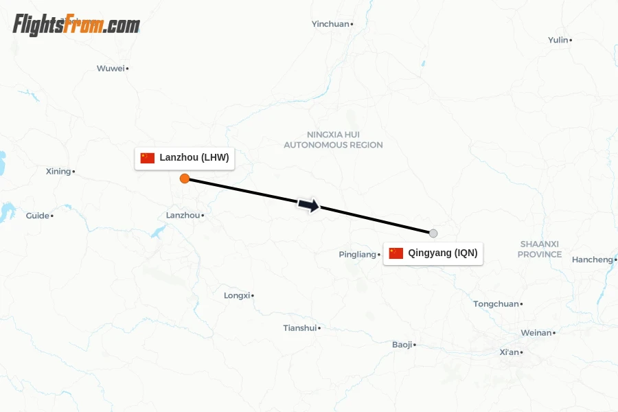 Flights from Lanzhou to Qingyang route map