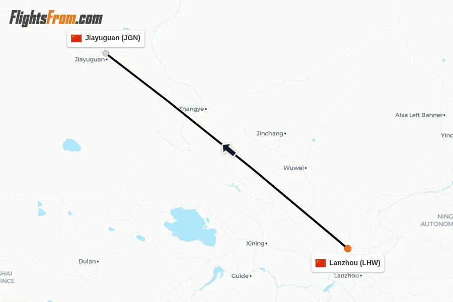 Flights from Lanzhou to Jiayuguan route map